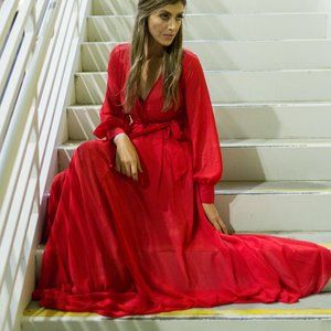 Red Long Sleeve V Neck Wrap Maxi Dress Chiffon Dancing Emoji Windsor Size Medium